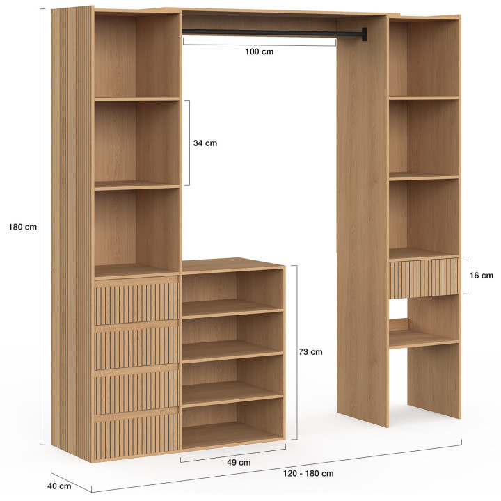 XXL dubbele uitbreidbare inloopkast JULIETTE 120/180 cm met houten lattenpatroon, inclusief lades + planken + kledingrek