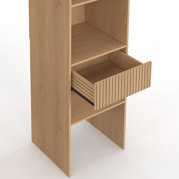 Dressing extensible double XXL JULIETTE 120/180 cm effet lattes tasseau bois avec tiroirs + étagères + penderie + rideau beige