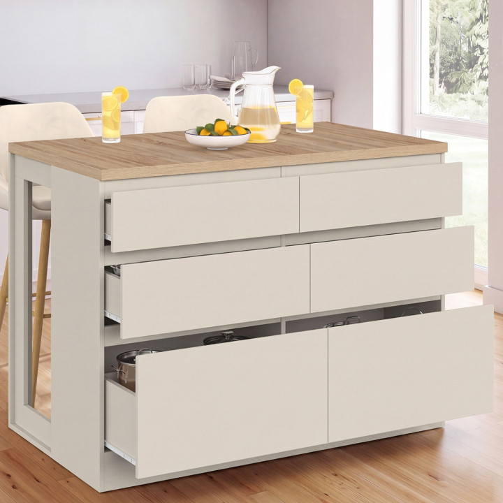 Isla central ORSO de 120 cm con cacerolero beige de 6 cajones y encimera efecto madera