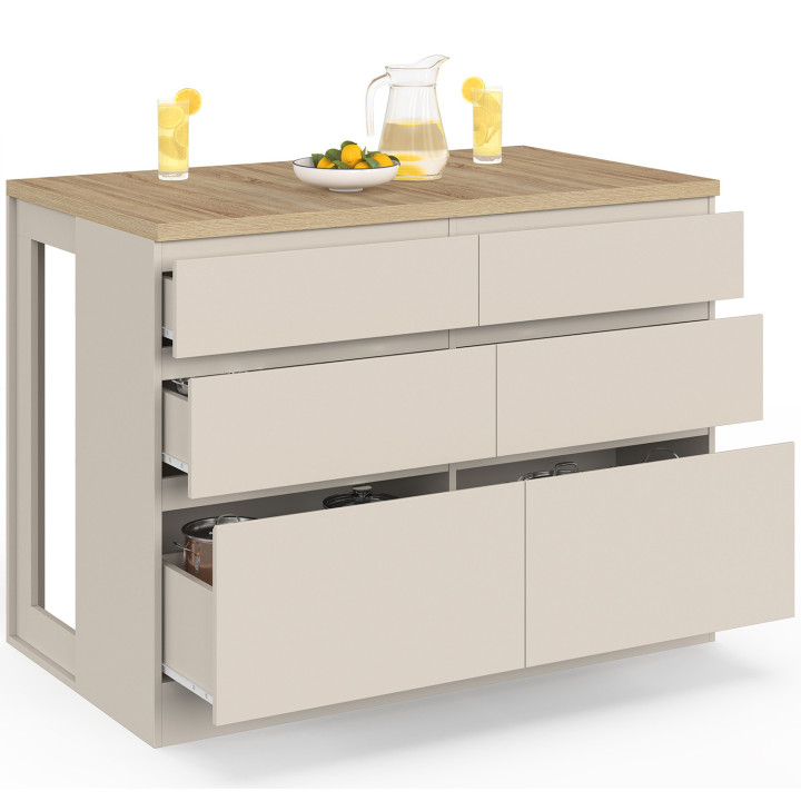 Isla central ORSO de 120 cm con cacerolero beige de 6 cajones y encimera efecto madera