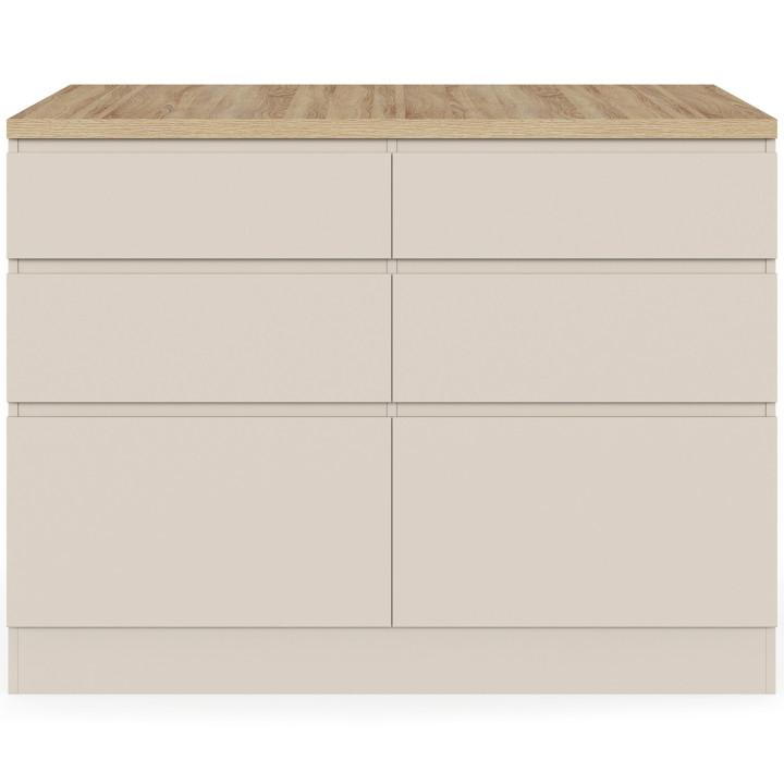 Ilot central mange-debout ORSO 120 cm casserolier 6 tiroirs beige et plateau effet bois