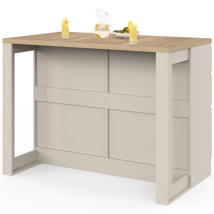 ORSO 120 cm middeneiland met beige 6-lade sauspan en houtdecor bovenblad