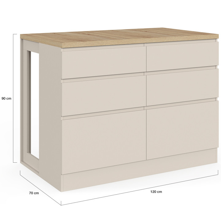 ORSO 120 cm middeneiland met beige 6-lade sauspan en houtdecor bovenblad
