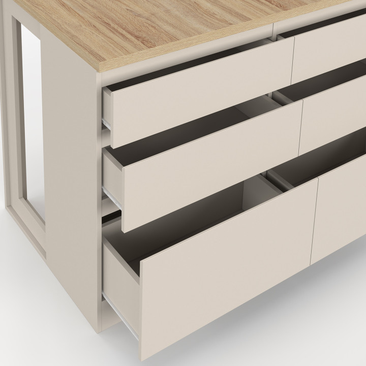 Isla central ORSO de 120 cm con cacerolero beige de 6 cajones y encimera efecto madera