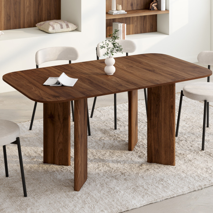 Table à manger extensible rectangulaire arrondie CAPUCINE 6-10 personnes 4 pieds design arrondi noyer 160-200 cm