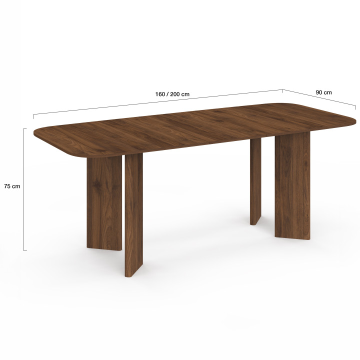 CAPUCINE 6-10 persoons ronde rechthoekige uitschuifbare eettafel met 4 afgeronde notenhouten poten 160-200 cm