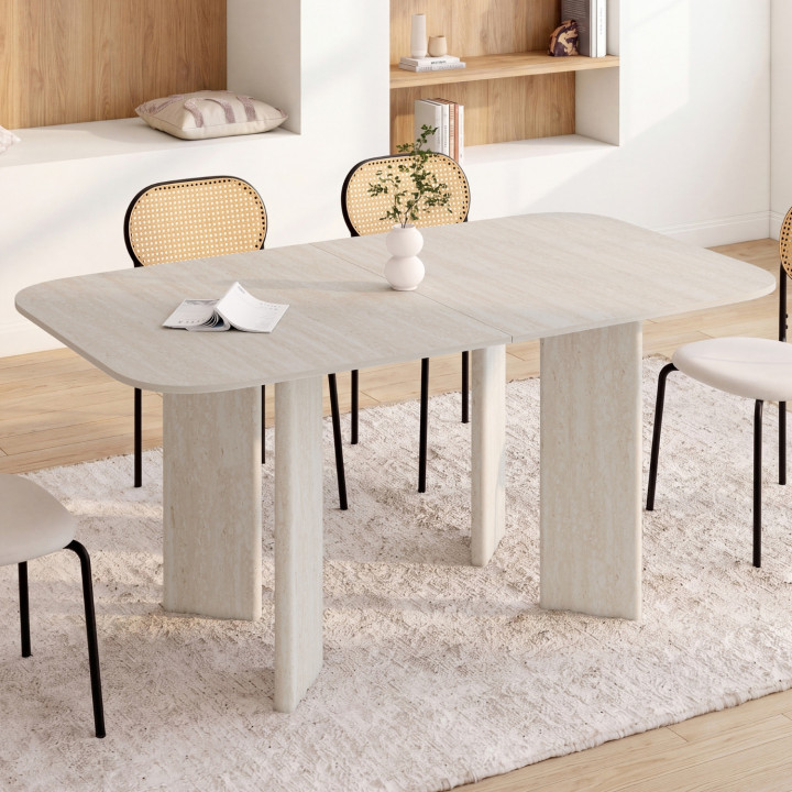 Table à manger extensible rectangulaire arrondie CAPUCINE 6-10 personnes 4 pieds design arrondi façon travertin 160-200 cm