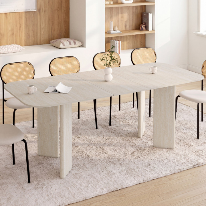 Ausziehbarer rechteckiger abgerundeter Esstisch CAPUCINE 6-10 Personen 4 Beine abgerundetes Design in Travertinoptik 160-200 cm