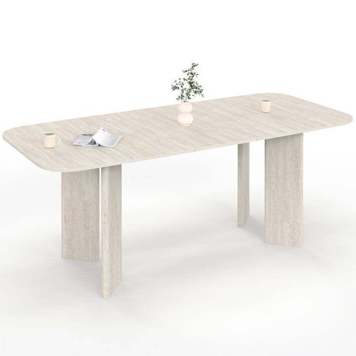 CAPUCINE Tavolo da pranzo rettangolare rotondo allungabile per 6-10 persone con 4 gambe arrotondate in stile travertino 160-200