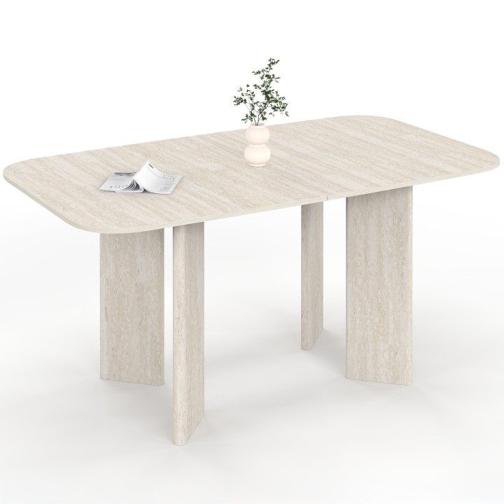 CAPUCINE Mesa de comedor redonda rectangular extensible para 6-10 personas con 4 patas redondeadas de estilo travertino 160-200