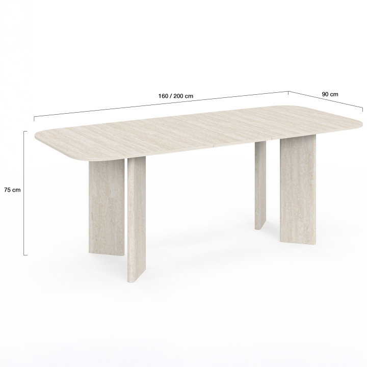 Table à manger extensible rectangulaire arrondie CAPUCINE 6-10 personnes 4 pieds design arrondi façon travertin 160-200 cm