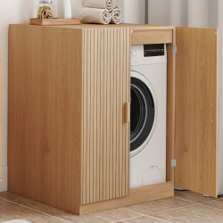 Meuble pour machine à laver avec portes JULIETTE effet lattes tasseau bois coloris chêne