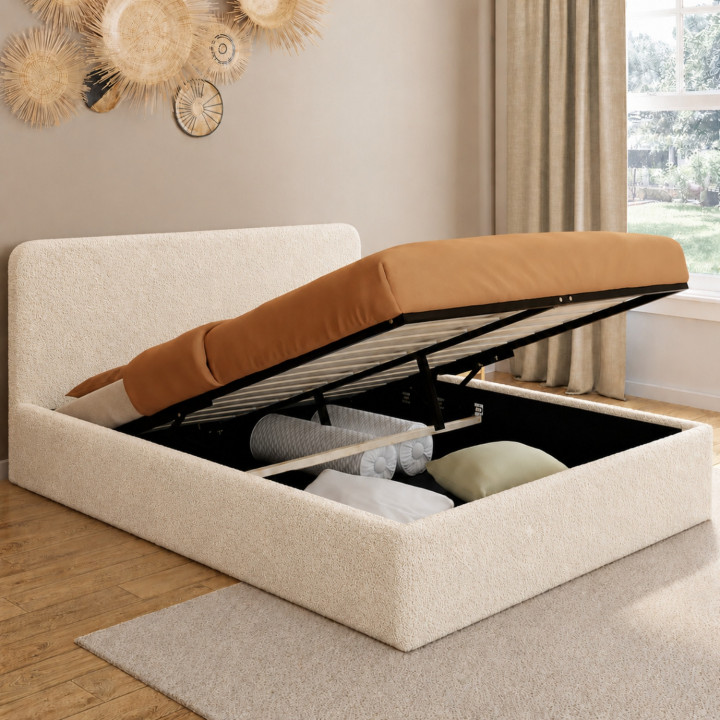 Letto matrimoniale con testata e box spring 140x190cm in tessuto bouclette - BRADFORD