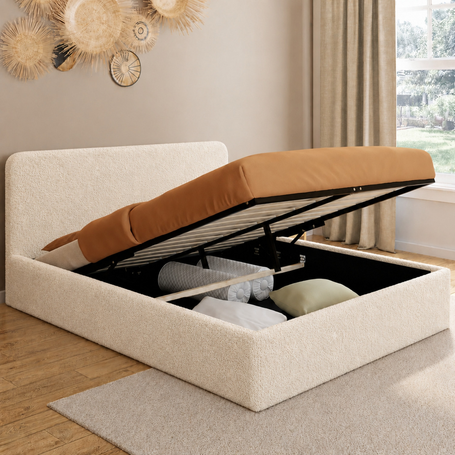 Lit double coffre de 140 x 190 cm en tissu bouclette avec des rangements XL, une tête de lit et un sommier