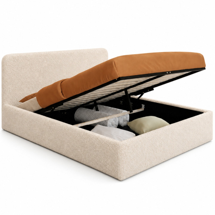 Letto matrimoniale con testata e box spring 140x190cm in tessuto bouclette - BRADFORD
