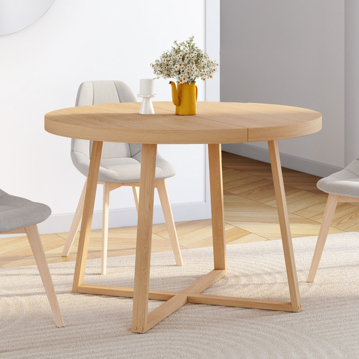 Table à manger extensible ronde SELMA 4-8 personnes bois effet hêtre 110-150 cm