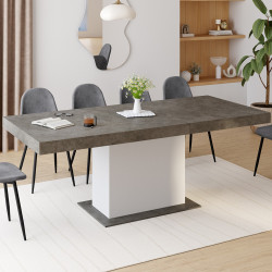 Table à manger extensible rectangle EDEN 6-10 personnes béton et blanc 160-200 cm