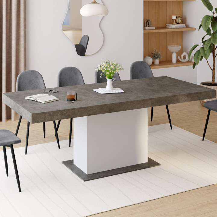 Table à manger extensible rectangle EDEN 6-10 personnes béton et blanc 160-200 cm