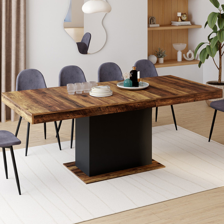 Table à manger extensible rectangle EDEN 6-10 personnes plateau HAWKINS bois foncé et noir 160-200cm