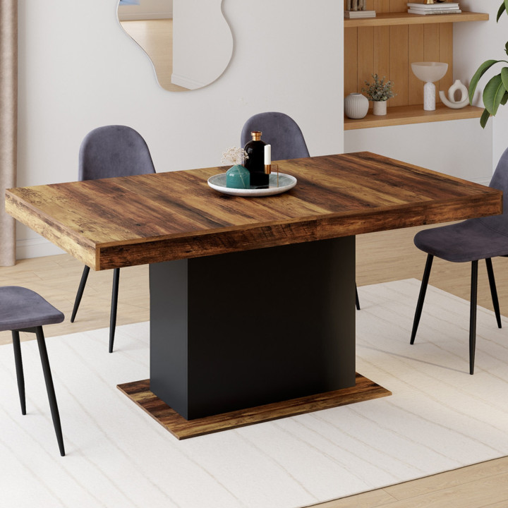 Table à manger extensible rectangle EDEN 6-10 personnes plateau HAWKINS bois foncé et noir 160-200cm