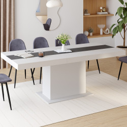 Table à manger extensible rectangle EDEN 6-10 personnes blanche et bande centrale grise 160-200 cm