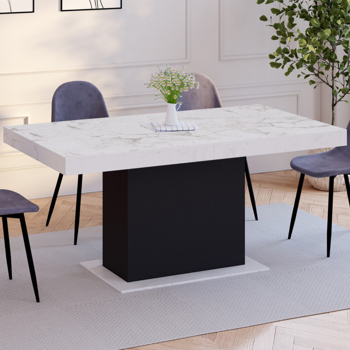 Tavolo da pranzo allungabile 6-10 persone piano effetto marmo bianco gamba nera 160-200cm - EDEN