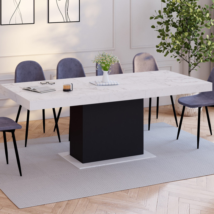 Tavolo da pranzo allungabile 6-10 persone piano effetto marmo bianco gamba nera 160-200cm - EDEN