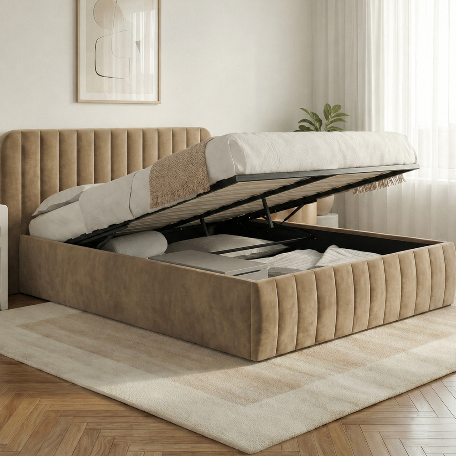 Lit coffre double avec tête de lit et sommier 140 x 190 cm velours taupe