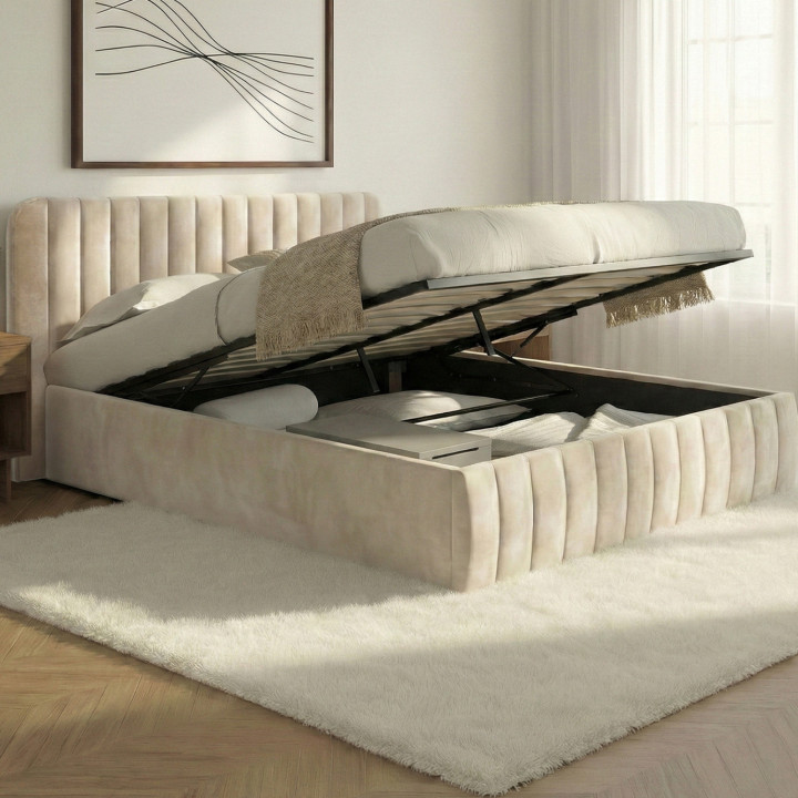 Letto matrimoniale con rete e testata 140x190 in velluto beige - ALBA