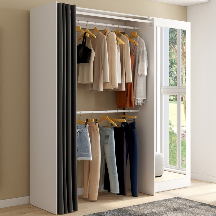 MARTY 120/170 x 50 x 180 cm armadio bianco espandibile con ripiani + armadio doppio + specchio + tenda grigia