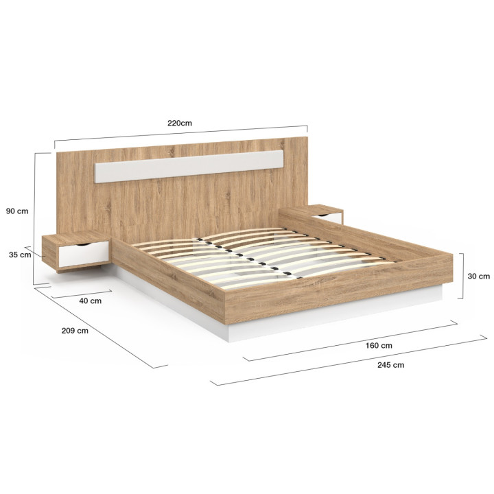 Letto matrimoniale con testata, rete e comodini in legno e bianco - SANTA