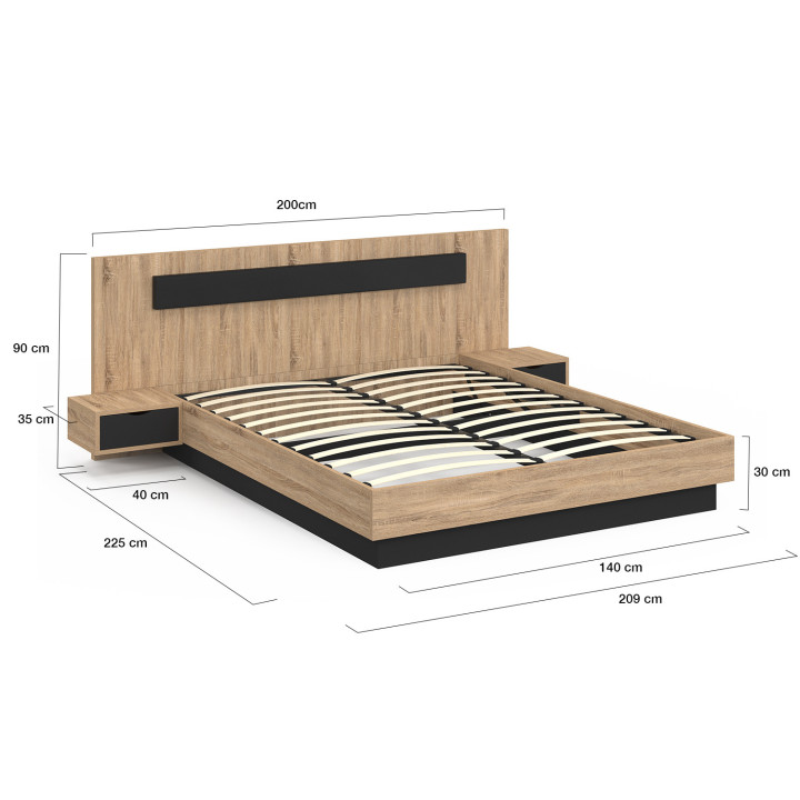 Letto matrimoniale in legno e nero 140 x 190 cm con rete e comodini - SANTA