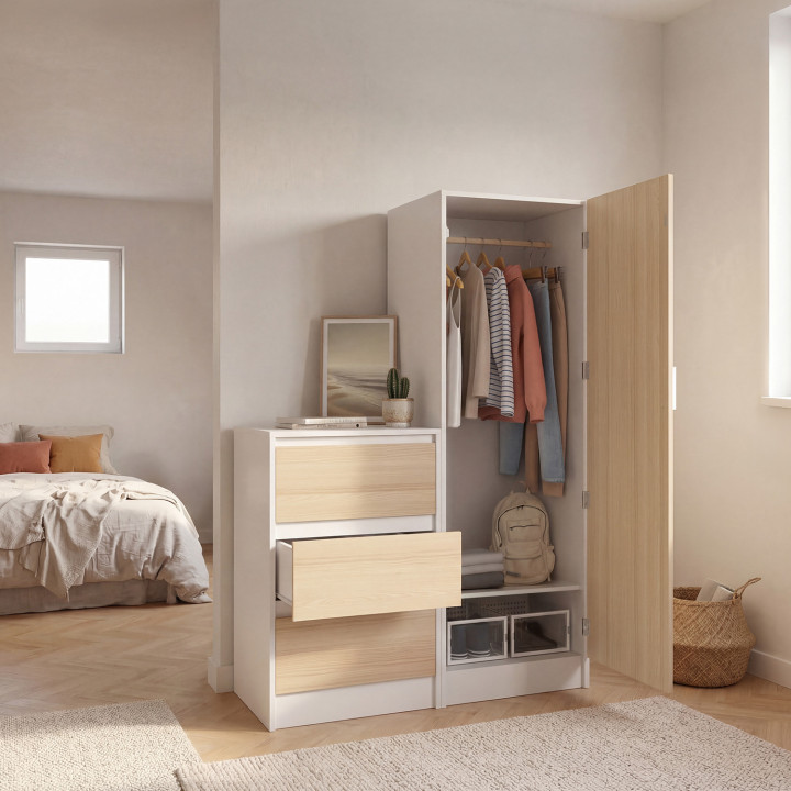 Armario de 1 puerta AMBRE con arcón de 3 cajones 100 cm modular acabado haya y blanco
