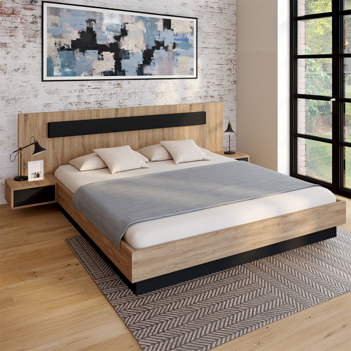 Letto matrimoniale con testiera, comodini e base in legno e nero - SANTA