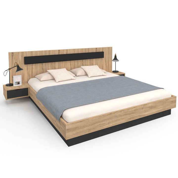 Letto matrimoniale con testiera, comodini e base in legno e nero - SANTA