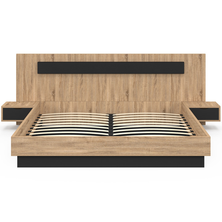 Letto matrimoniale con testiera, comodini e base in legno e nero - SANTA
