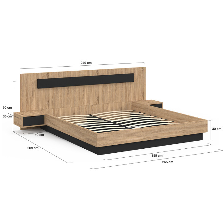 Letto matrimoniale con testiera, comodini e base in legno e nero - SANTA