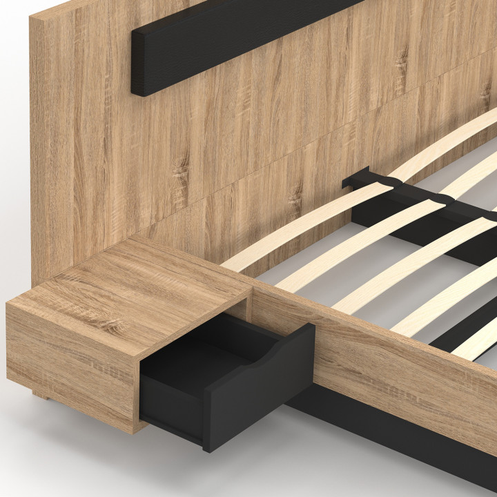 Letto matrimoniale con testiera, comodini e base in legno e nero - SANTA