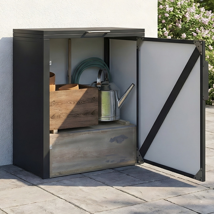 Armadio da giardino in metallo 70 x 40 x 80 cm grigio antracite con tetto sollevabile, doppia anta e ripiano