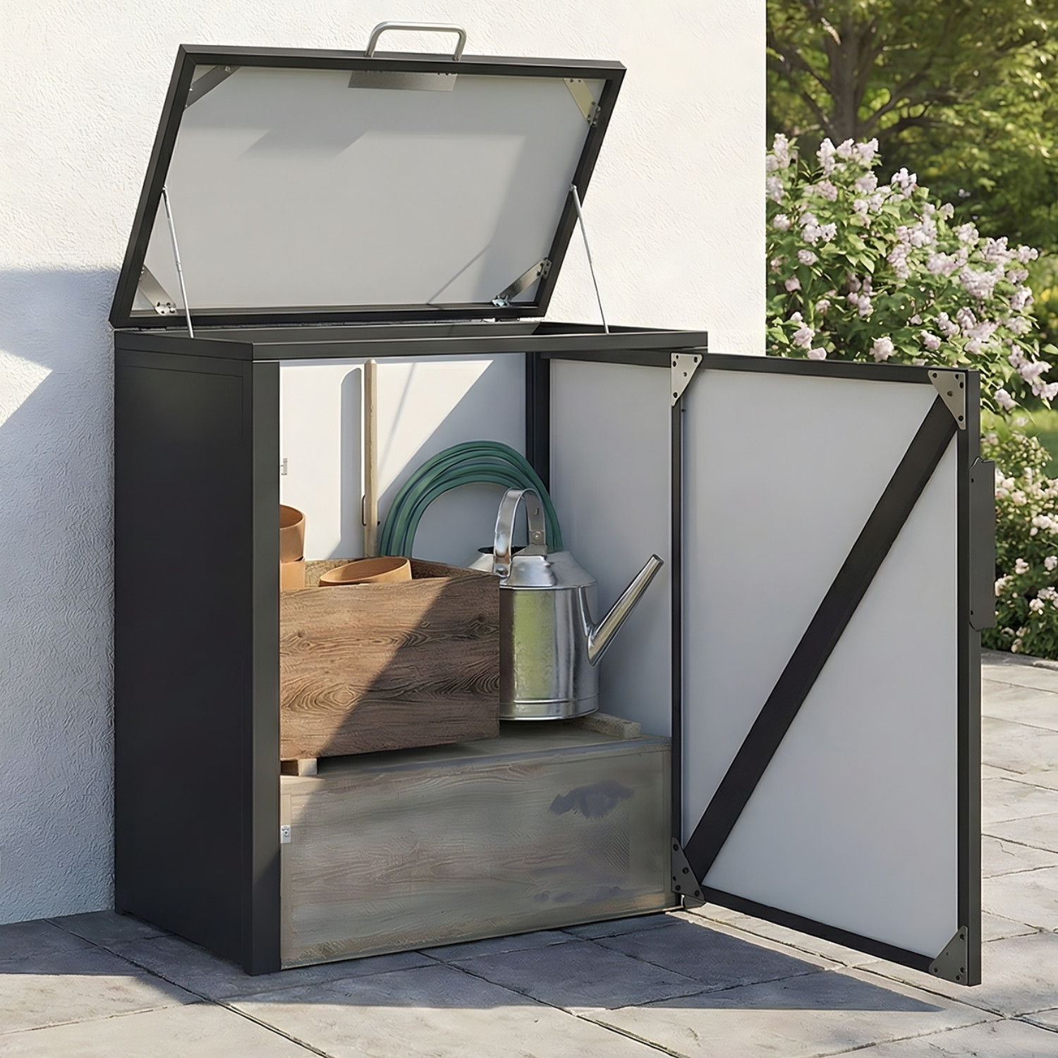 Armoire de jardin en métal 70 x 40 x 80 cm gris anthracite avec toit relevable double porte et étagère