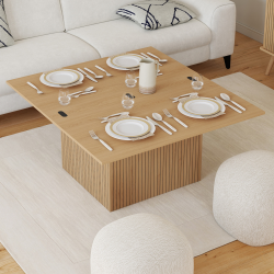 Couchtisch mit rechteckiger Hubplatte, umwandelbar in einen Esstisch JULIETTE 100 cm Latteneffekt Holzleisten