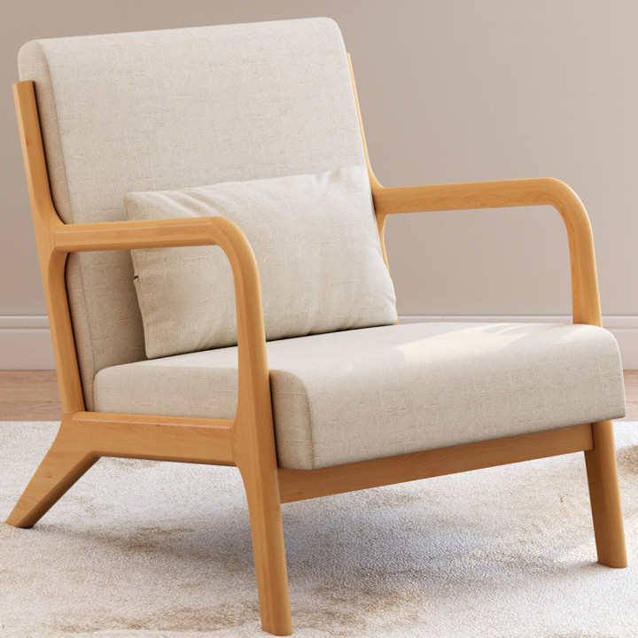 Sillón escandinavo JOSEPH de tela beige con brazos y patas de madera