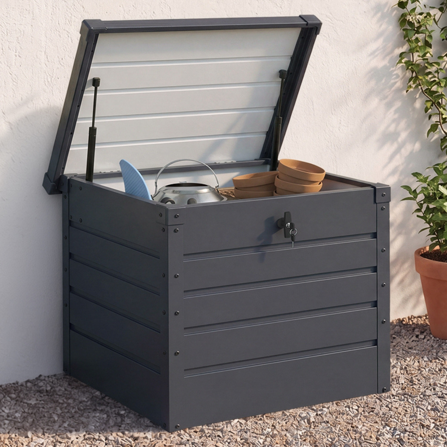 Coffre de jardin verrouillable en métal gris anthracite 200 L