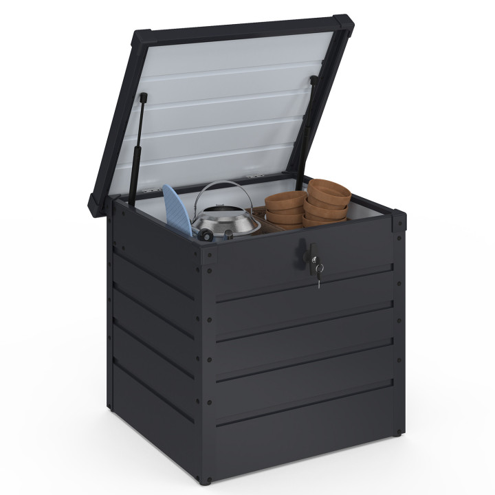 Coffre de rangement métal verrouillable gris anthracite pour jardin 200L 68x62,5x63 cm