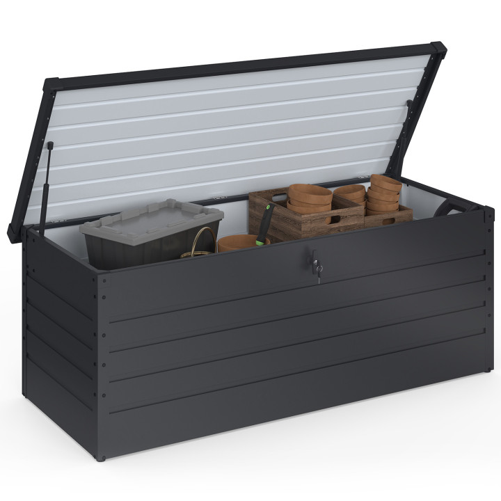 Coffre de rangement métal verrouillable gris anthracite pour jardin 600L 165x70x63 cm