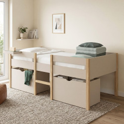 Letto singolo rialzato a mezza altezza 90 x 190 cm SERVANE con rete, sponde di sicurezza, 2 cassetti e ripiano beige e in legno