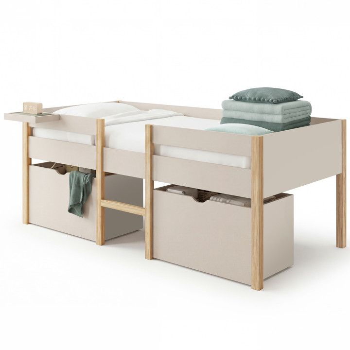 Letto singolo rialzato a mezza altezza 90 x 190 cm SERVANE con rete, sponde di sicurezza, 2 cassetti e ripiano beige e in legno