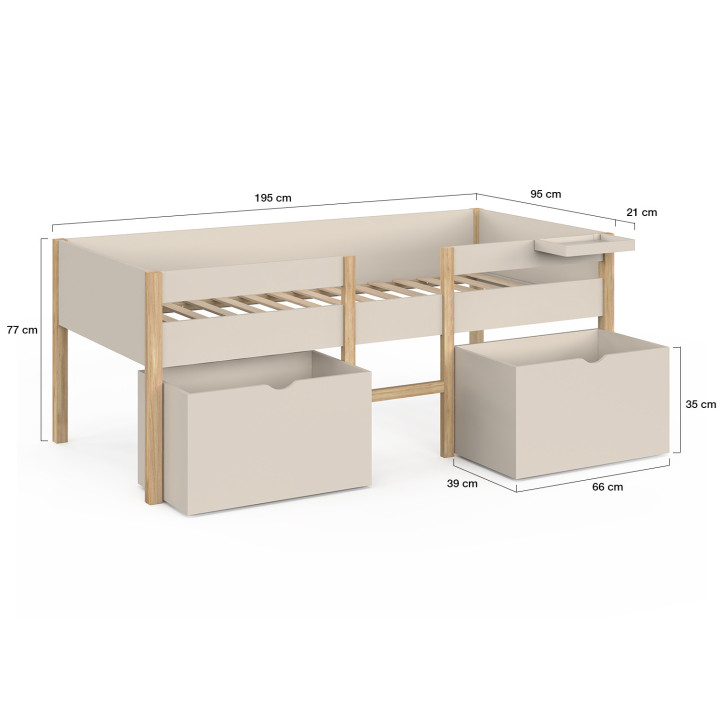 Servane – halbhohes Einzelhochbett, 90 x 190 cm, mit Lattenrost, Seitengittern, 2 Schubladen und einer Ablage in Beige und Holzo