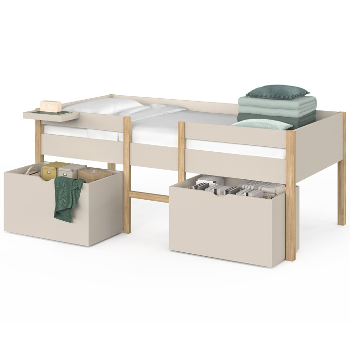 Lit surélevé simple 90 x 190 cm SERVANE avec sommier, 2 bacs de rangement et tablette bois et blanc