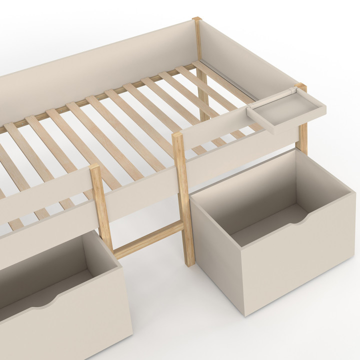SERVANE halfhoog eenpersoonsbed op pootjes, 90 x 190 cm, met lattenbodem, bedhekken, 2 opberglades en een plank in beige en hout